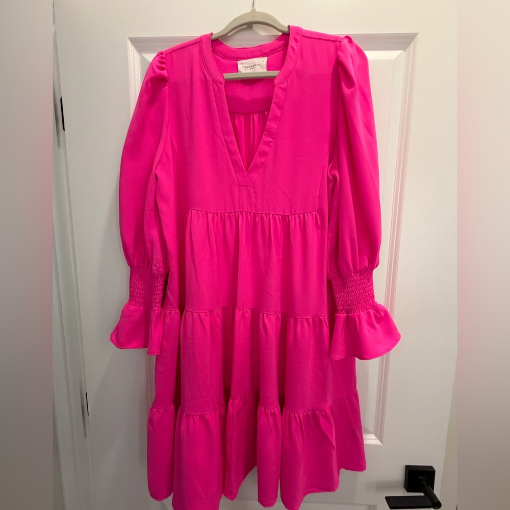 Pomander Place Hot Pink Tiered V-Neck Dress with Smocked Cuffs